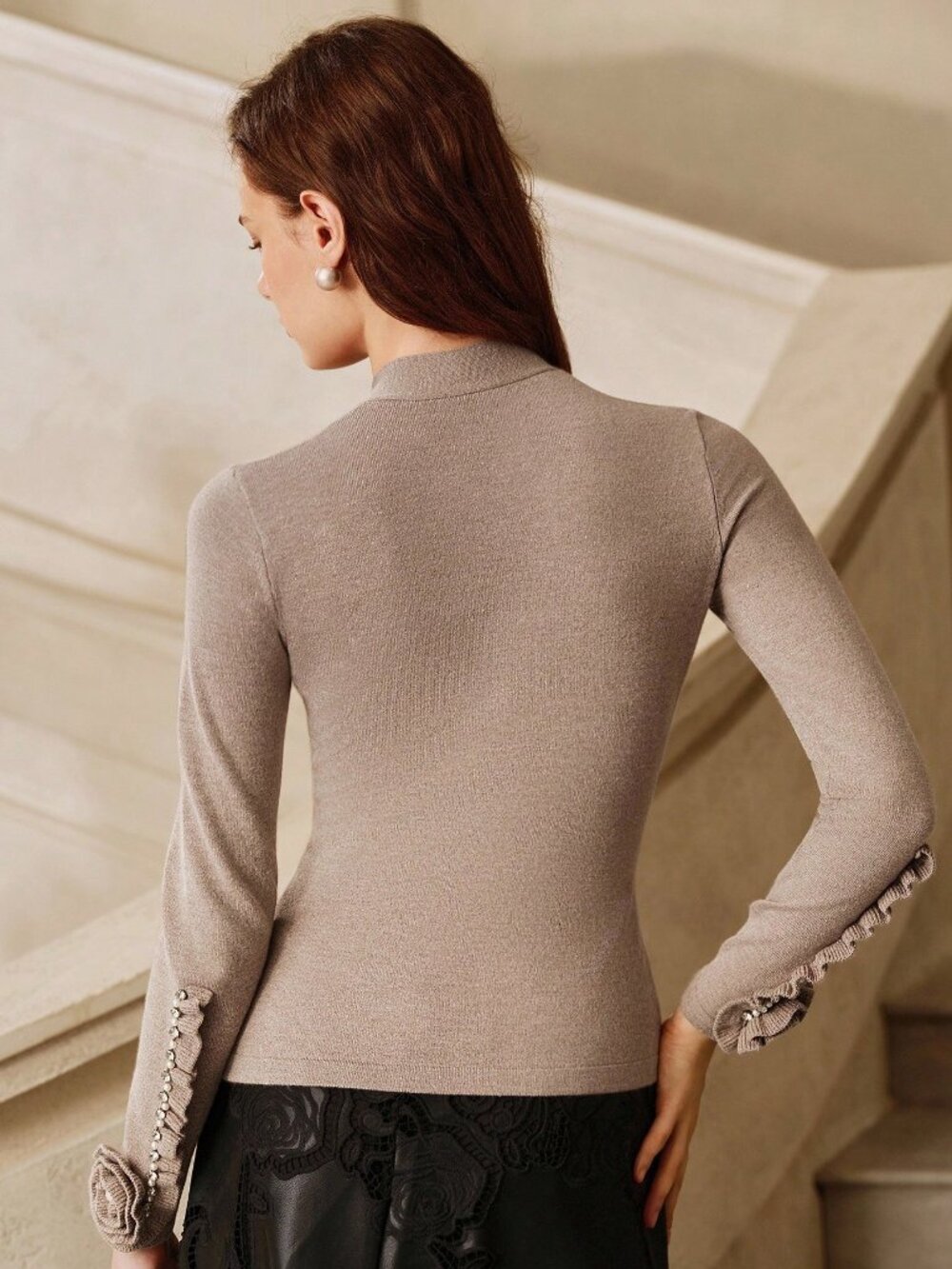 Casual Women's 3D Rose Button Rib-Knit Stand Collar Long Sleeve Basic Top - Picture 2 of 9